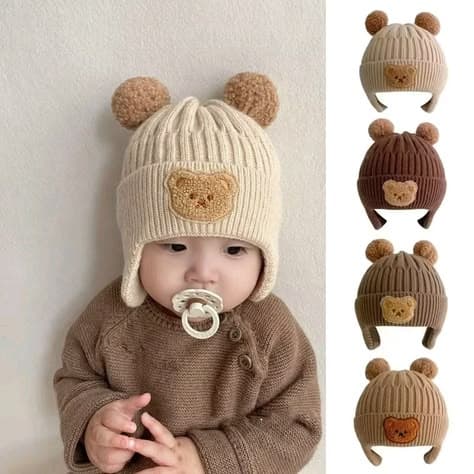 Baby wearing a cream knit hat with bear ears, next to the hat in brown shades